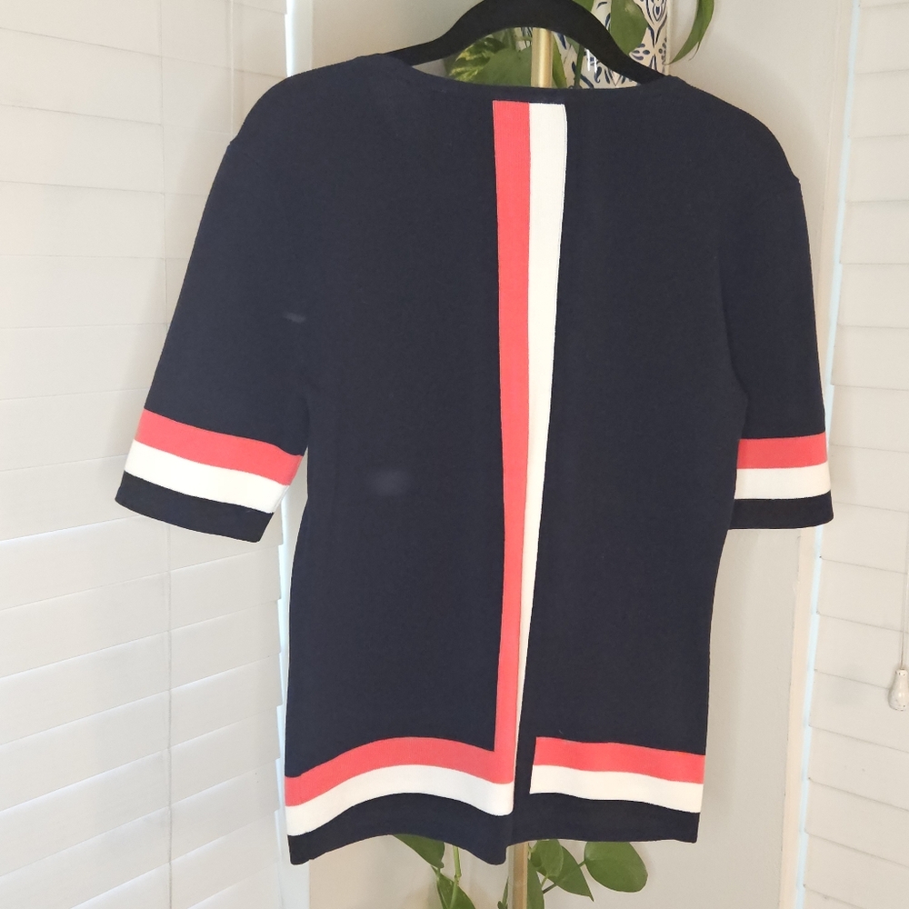 CAbi Hampton Shell Navy Blue Nautical Striped Short Sleeve Sweater - Picture 2 of 6